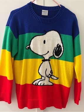 Peanuts Snoopy Rainbow Stripe Crewneck Sweater - Blue Green Yellow Red